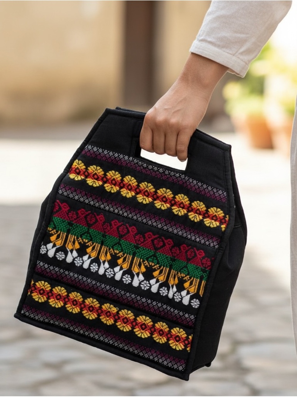 Women’s Black Embroidered Woven Handbag Ethnic Boho Top Handle Purse Zip Closur